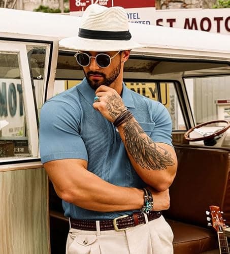 GRACE KARIN Men's Knit Polo Shirt Casual Lapel Collar Button Up Business Golf Polo Tee Shirts for Dinner Grey Blue XXL - Thumbnail 3