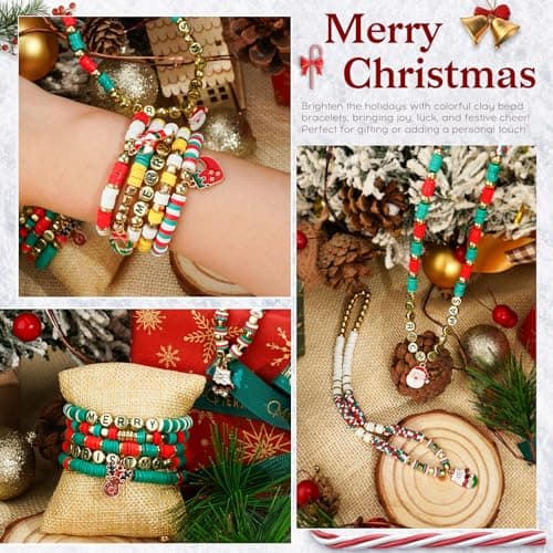 Gionlion Christmas Beads for Bracelets, Clay Beads Bracelat Making kit Golden Beads Christmas Crafts Stocking Stuffers Decorations Charms for Jewelry Making, DIY Crafts Gifts - Thumbnail 2