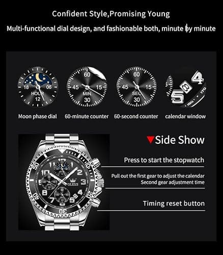 OLEVS Watch Men Luxury Black Face Silver Stainless Steel Dress Wrist Waterproof Quartz Analog Watches for Men Nice Fashion Chronograph Moon Phase Luminous Large Face Mens Watches Relojes para Hombres - Thumbnail 6