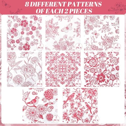 16 Pcs 8 Styles Decoupage Napkins, Pink and White Floral Paper Napkins Chinoiserie Decorative Cocktail Napkin Pretty Printed Cocktail Paper for DIY Crafting Furniture Decor Birthday Party Baby Shower - Thumbnail 6