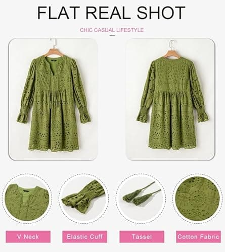 Dokotoo Womens Dresses 2026 Trendy Long Sleeve Tassel V Neck Elegant Graduation Dress Plus Size Spring Outfits Embroidered Hollow-Out Lace Cotton Midi Green Business Dresses X-Large - Thumbnail 3