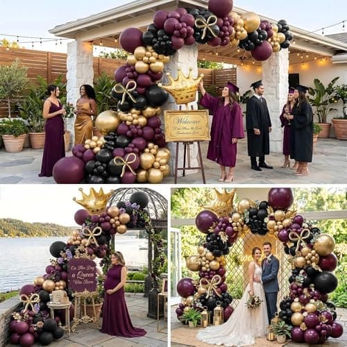 Double Stuffed Dark Burgundy-Purple, Black, Gold Balloon Arch Garland Kit - Thumbnail 6
