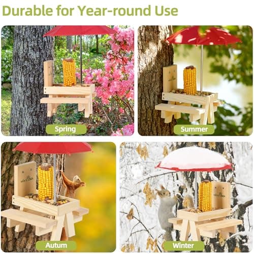 MIXXIDEA Squirrel Feeder Table with Umbrella, Wooden Squirrel Picnic Table Feeder, Sturdy Squirrels Feeder Corn Cob Holder, with Solid Structure and 2 x Thick Benches(1pk) - Thumbnail 6