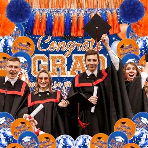 Graduation Decorations Class of 2026, Congrats Grad Backdrop, Graduation Balloons, Paper Pompoms, Paper Tassels, Foil Curtains for 2026 Graduation Party Decorations(Blue Orange) - Thumbnail 5
