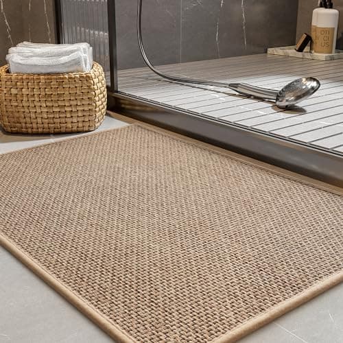 PADOOR Non-Slip Bath Mat With Rubber-Backing, Braided Absorbent Machine Washable Thin Rug, Quick Dry, Fits Under Door, for Bathroom Floor, 20''x32'' Beige