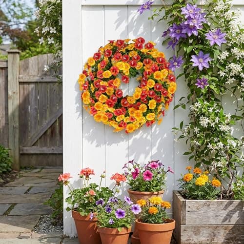 20'' Wreaths for Front Door, Artificial Eucalyptus Leaves with Fake Silk Flowers for Spring Summer Outdoor Indoor Outside, Home Porch Wall Window Farmhouse Celebration (Orange Yellow) - Thumbnail 5