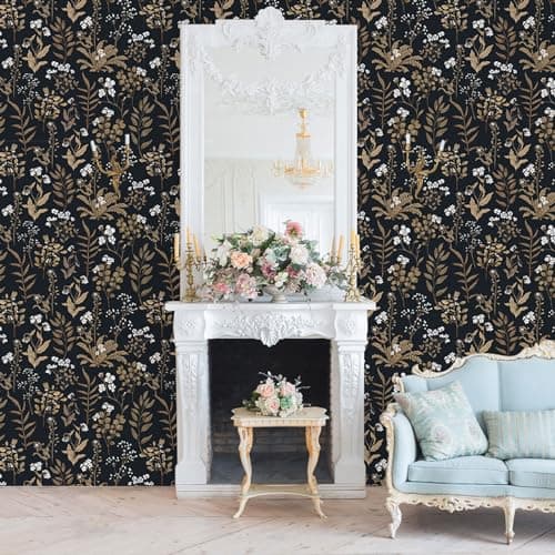 Abyssaly Vintage Floral Peel and Stick Wallpaper Black and Gold Wallpaper Dark Leaf Contact Paper Removable Self Adhesive Moody Botanical Vinyl Wrap for Bedroom Bathroom Shelf DIY Decor 17.3" x 590.5" - Thumbnail 4