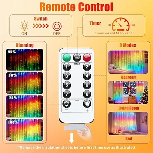 300LED Fairy Curtain Lights, 9.8x9.8Ft Warm White USB Plug in 8 Modes & Timer Christmas String Hanging Lights with Remote for Bedroom Indoor Outdoor Weddings Party Wall Decorations(rainbow) - Thumbnail 5