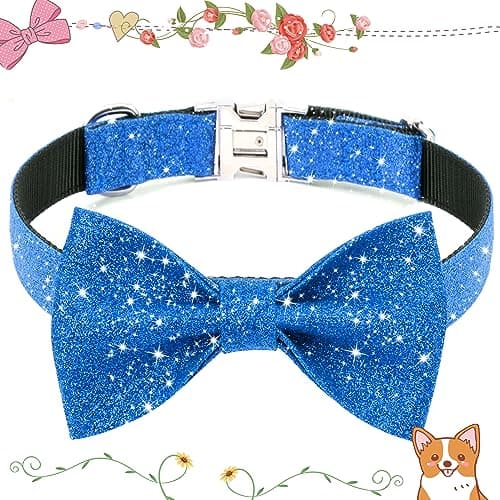 Jumpress Blue Boy Dog Collar with Bow, Bling Male Bowtie Dog Collar for Small Medium Dogs, Cute Dog Collar for Daily Walking or Holiday Party (Neck fit 13-19’’) - Thumbnail 2