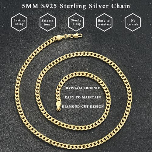 HIMSTORY Gold Chain for Men, 18K Gold Plated 925 Sterling Silver 3.5mm Cuban Link Curb Chain for Men Jewelry Sturdy Non-Fading Mens Chains Gifts for Dad Husband 22 Inch - Thumbnail 4