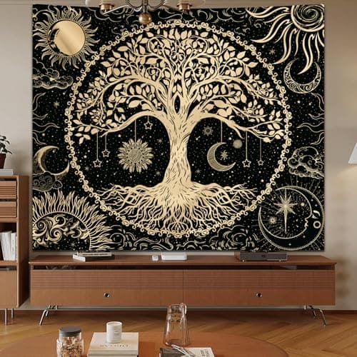 Avinyl Tree of Life Wall Tapestry for Bedroom, Sun and Moon Hippie Tapestries Aesthetic, Black and Gold Wall Hanging Home Decor for Dorm Living Room Office 51in x 60in - Thumbnail 2