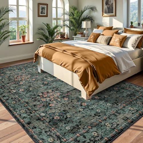 Farmhouse Dark Green Dining Room Rugs for Under Table - 6x9 Washable Cottagecore Distressed Low Pile Non Slip Flora Rug for Living Room, Bedroom, Nursery, Home Office - Soft Boho Moody Accent Mat - Thumbnail 4