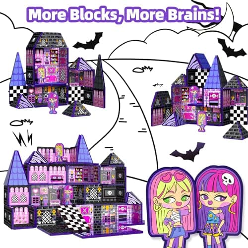 GobiDex Magnetic Tiles Doll House Building Toys, Monster Magnetic Blocks for Kids Ages 3-8,STEM Magnet Toys Birthday for 3+ Year Girls,Haunted Castle Playset - Thumbnail 4