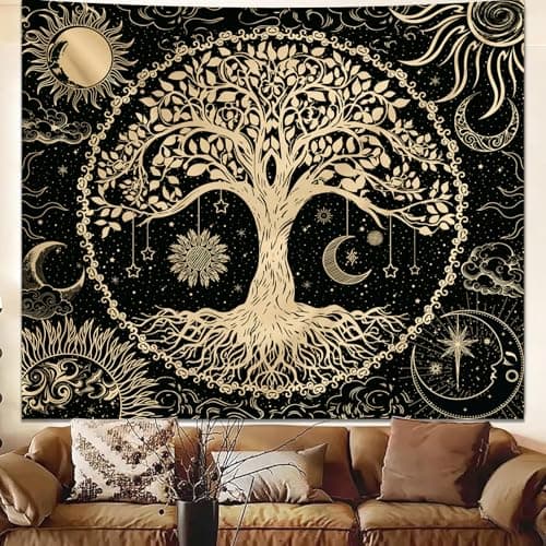 Avinyl Tree of Life Wall Tapestry for Bedroom, Sun and Moon Hippie Tapestries Aesthetic, Black and Gold Wall Hanging Home Decor for Dorm Living Room Office 51in x 60in - Thumbnail 3