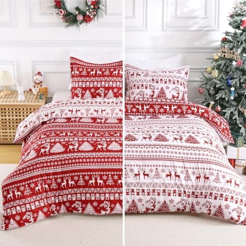 STARBEDIA Christmas Duvet Cover Queen, Soft Brushed Microfiber Comforter Cover Sets, Reindeer Printed Holiday Theme Bedroom Decorative Bedding (Queen Size, Christmas Reindeer) - Thumbnail 2