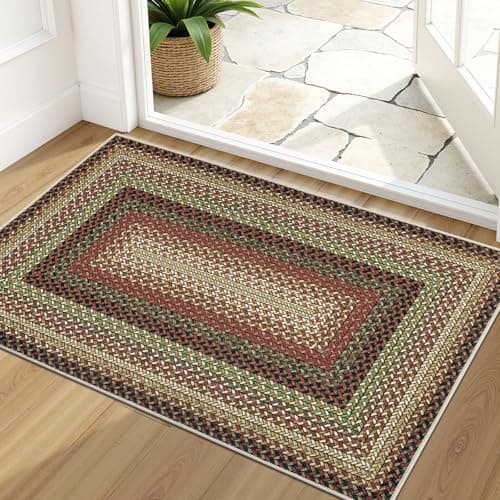 Ileading Faux Braided Indoor Door Mat 2'x3' Washable Farmhouse, No-Shed Non-Slip Woven Carpet, Pet Friendly Stain Resistant Jute Style Rug for Entryway Kitchen Laundry Room - Image 1