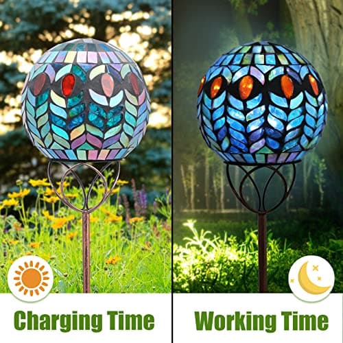 VCUTEKA Solar Outdoor Lights Garden Decor Mosaic Solar Garden Lights Waterproof Glass Ball LED Pathway Stake Light for Landscape Lawn Patio Yard Decoration 6 inch, Colorful - Thumbnail 5