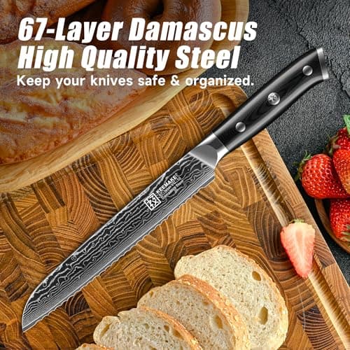 KEEMAKE Serrated Bread Knife, 8 Inch Japanese Damascus Kitchen Knife Wave Edge with G10 Ergonomic Handle, Cake Cutter Bread Slicing Knife for Sourdough Loaf Ciabatta - Thumbnail 3
