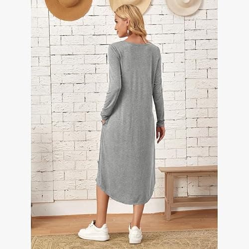 Lounge Dress for Women Long Sleeve Nightgown Midi Long Dress Loose Casual Side Slit Dresses Pocket XXL Grey - Thumbnail 3