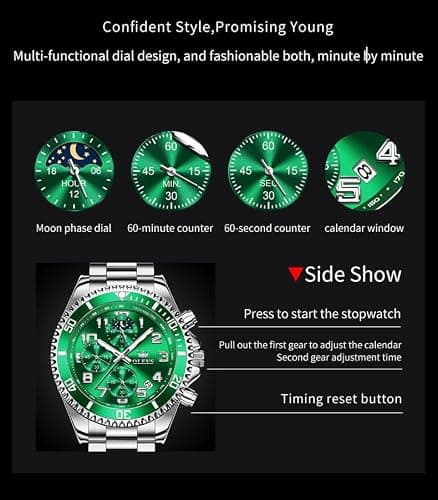OLEVS Watches for Men Green Big Face Silver Stainless Steel Dress Chronograph Moon Phase Mens Watches Analog Quartz Cheap Waterproof Luminous Fashion Men's Wrist Watches - Thumbnail 6