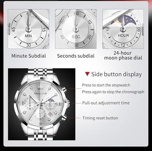 OLEVS Silver Watches for Men Stainless Steel Luxury Mens Silver Watch with Date Large Face Chronograph Dress Waterproof Nice Moon Phase Relojes para Hombres - Thumbnail 6