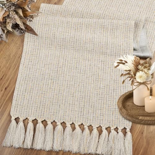 yuboo Boho Table Runner 72 Inches Long, Rustic Farmhouse Dresser Runners for Bedroom, Beige Linen Woven Table Runner with Tassels for Dining Room, Coffee Table, Wedding Decor, Vintage Home Decor - Thumbnail 5
