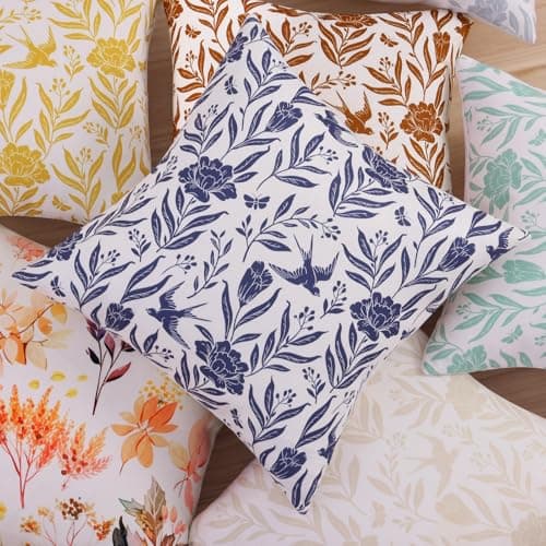 decorUhome Floral Throw Pillow Covers 18x18 Inch Set of 2, Aqua Vintage Block Print Linen Spring Pillow Covers, Rustic Neutral Toile Farmhouse Decorative Square Pillowcases for Couch Sofa - Thumbnail 5