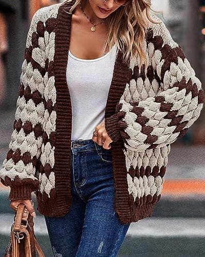 KIRUNDO Women's Cardigan Sweater 2026 Fall Winter Open Front Long Sleeve Cable Knit Color Block Striped Cardigan Casual Oversized Sweater Jacket Outwear(Coffee, Medium) - Thumbnail 4