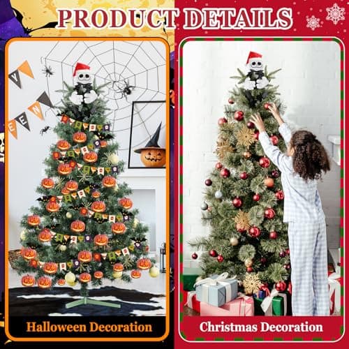 Tree Topper Decorations for Halloween and Christmas, Cute Plush Jack Huggers with Santa Hat, Poseable Handmade Tree Topper Party Decor - Thumbnail 4