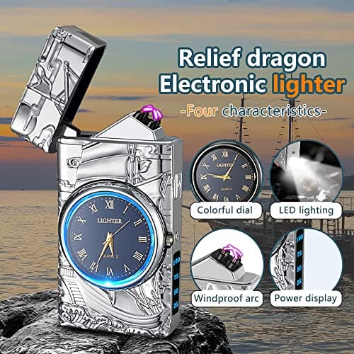 GADATOP Sail Lighter - Multifunctional Electric Arc Lighter, Windproof, Fashion Metal Luminous Watch Dial LED Lighting (Silver Sail) - Thumbnail 3