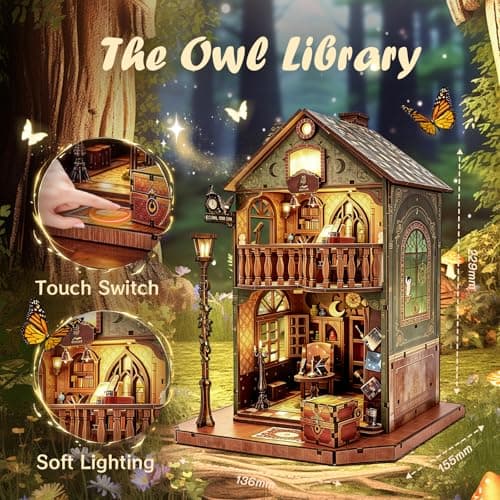 Book Nook Kit DIY Miniature House with LED Light, 3D Wooden Puzzle Owl Library Bookshelf Insert, DIY Craft Model Kit for Adults & Teens, Creative Bookshelf Decor Gift - Thumbnail 2