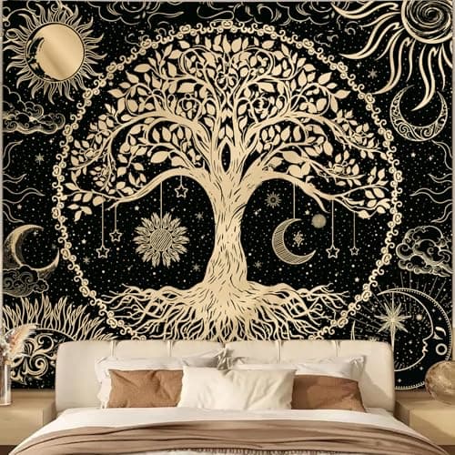 Avinyl Tree of Life Wall Tapestry for Bedroom, Sun and Moon Hippie Tapestries Aesthetic, Black and Gold Wall Hanging Home Decor for Dorm Living Room Office 51in x 60in - Image 1
