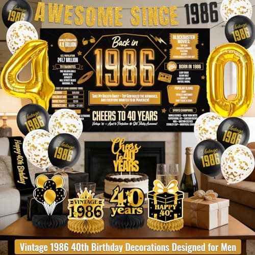 Vintage 40th Birthday Decorations for Men,Awesome Since 1986 Black Gold Backdrop Banner with Balloons, Retro Back in 1986 Party Decorations for Him, Husband, Dad - Thumbnail 2