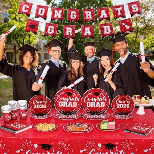 NatNarr Graduation Decorations 2026, Red Graduation Party Supplies Include Class Of 2026 Grad Plates Napkins Cups Tablecloth Congrats Grad Banner for Middle College High School, Serve 25 Guest - Thumbnail 6