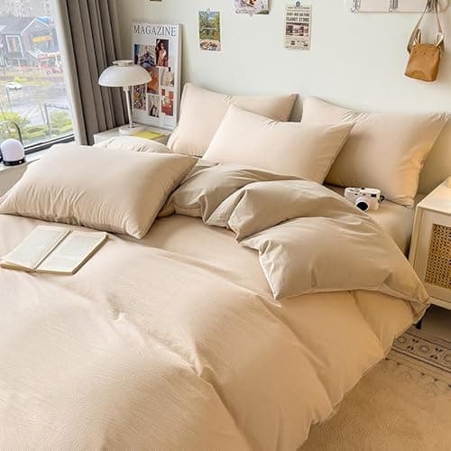 DCSKY Duvet Cover Set - 100% Washed Cotton, 3 Piece Pre-Washed Super Soft Breathable Bedding with Duvet Cover and 2 Pillow Cases (02Beige(No Comforter), Queen (90''x90''))