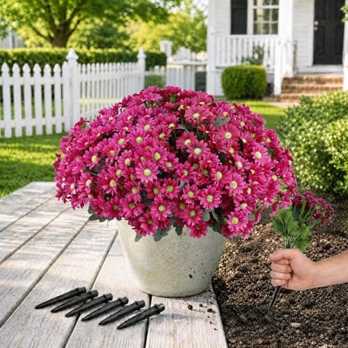 Artificial Flowers for Outdoors with Ground Spikes, 14 Stems Large Daisy Fake Flowers, Silk Faux Flowers for Outdoor Planters, Garden, Porch, Window Box & Cemetery Decor, 6 Bundles(PurpleRed)