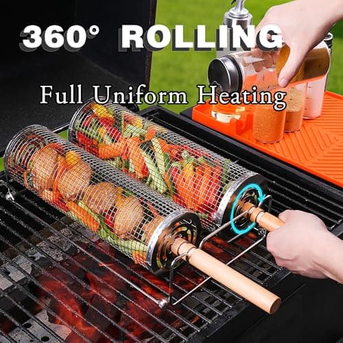 Rolling Grill Basket 2 Pcs,BBQ Baskets for Grilling,Removable Wooden Handle, Grilling Basket for Vageatbles Meat Food,304 Stainless Steel,Round Stainless Steel Grill Baskets for Outdoor Grill - Thumbnail 3