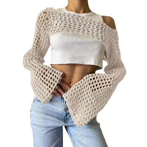 hathne Women Hollow Out Sweater Crop Flounce Off See Through Crochet Top Trumpet Long Sleeve Knit Top(Beige,L) - Image 1