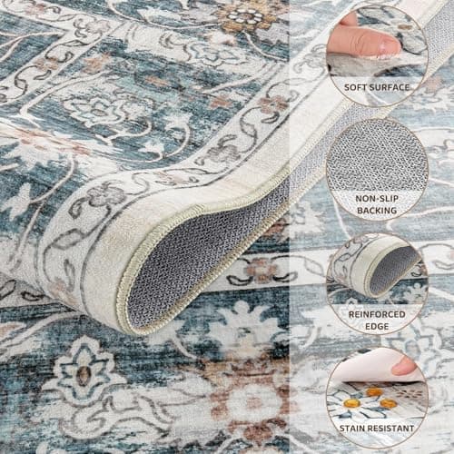 Jessibou Washable 8x10 Area Rug for Living Room & Dining Room - Large Vintage Farmhouse Soft Carpet with Non-Slip Backing, Stain Resistant Low-Pile Indoor Rug for Home Office, Kid & Pet Friendly- Blue - Thumbnail 3