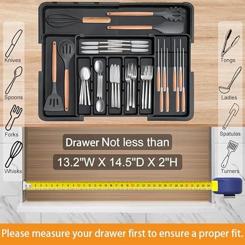 Homecor Silverware Organizer - Expandable Large Kitchen Drawer Organizer Utensil Organizer with 2 Removable Knife Blocks, 22"x 19"Cutlery Tray Drawer Dividers for Kitchen Flatware(6-9 Slots) (Black) - Thumbnail 6