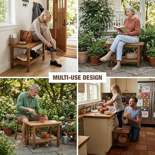 GREEN ALLUVIUM 24 inch Acacia Wood Shower Bench with Storage Shelf - Waterproof Sturdy Shower Stool - Shower Seats for Adults and Elderly - Bathroom Bench 350 lb Capacity - Thumbnail 3