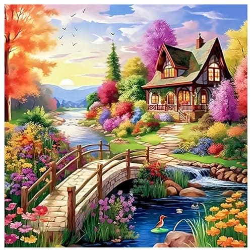 Lophomie Diamond Art Kits for Adults, 5D DIY Landscape Diamond Painting Kits for Adults Beginners, Diamond Dots Kits Gem Arts Crafts for Home Wall Decor 14x14 Inch(Flower World at Sunset) - Image 1