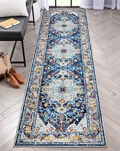 U'Artlines 2' x 8' Boho Hallway Runner Rug, Non Slip Washable Vintage Farmhouse Accent Area Rug Carpet for Kitchen Entryway Laundry and Living Room(Blue) - Image 1