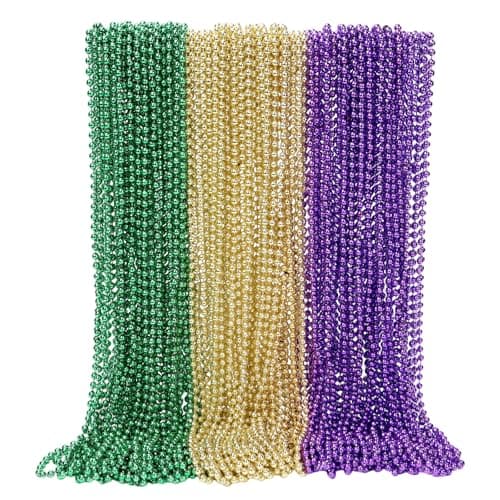 SWANUCKY 90 Pack 33" Gold Purple Green Mardi Gras Plastic Beaded Necklaces - Bulk Party Favors for Parade Throws, Costume Accessories, Summer Festivals & Daily Decor - Image 1