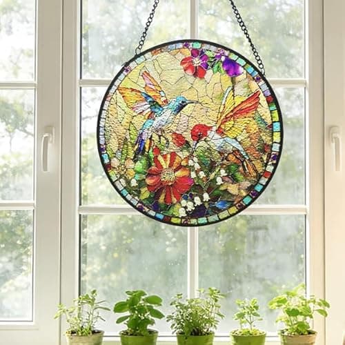 Stained Glass Window Hanging, Hummingbird Gifts Sun Catcher, Sun Catchers Indoor Window, Colorful Glass Panel,Suncatcher Room Decor,Gifts for Grandma Mom Wife,Aunt Birthday Gifts for Women 7.8in - Thumbnail 2