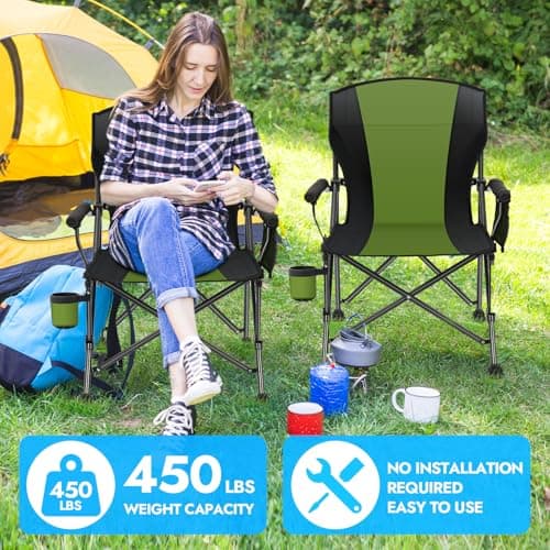 2 Pack Oversized Folding Camping Chair for Adults, Supports 450 LBS Camping Chairs, Heavy Duty Camping Chair with Side Pockets, Foldable Outdoor Chair for Camping, Beach, Fishing, Hiking, Green-Black - Thumbnail 4