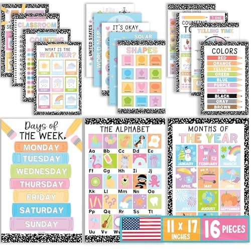 Hadley Designs 16 Educational Posters for Classroom Must Haves - Laminated Pre-K Posters for Toddler Homeschool Essentials, Toddler & Preschool Learning Activities, Kindergarten Classroom Decor