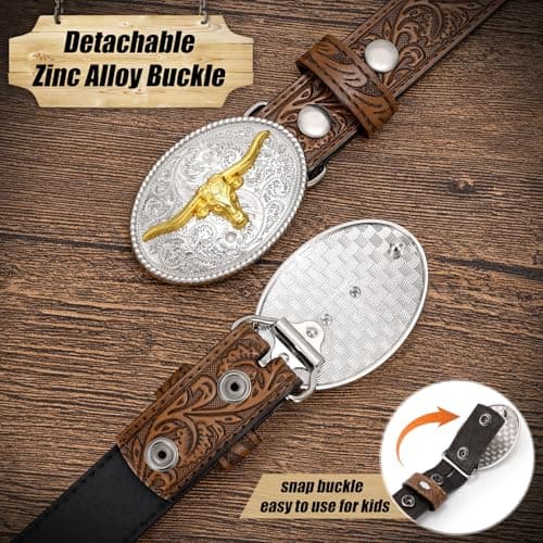 JKEEMI Kids Western Belt for Boys Girls, Embossed Genuine Leather Cowboy Cowgirl Belt for Jeans Pant Dresses Gift - Thumbnail 2