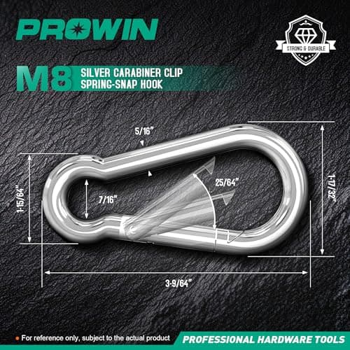 Prowin 100PCS 3.15in Galvanized M8 Carabiner Clips, Heavy Duty Spring Snap Hooks, 882LBS Capacity, Steel Quick Link for Camping, Hiking, Swing, Hammock, Outdoor Activities - Thumbnail 2