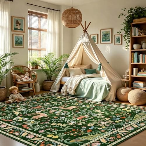 Lunasun Green 5x7 Area Rug for Living Room - Cottage Core Rug for Bedroom, Dining Room, Kids Playroom, Home Office, Floral Washable Non Slip Floor Décor - Thumbnail 2